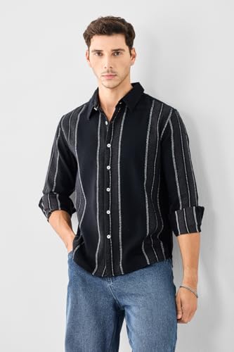 Image of SNITCH Men Casual Shirt | Regular Fit Full Sleeve Point Collar Striped Design | Textured 100% Cotton & Breathable Fabric Smart Casual Outings