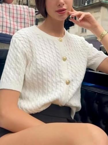 Image of Women Cable Knit Short Sleeved Sweater Cardigan Casual Button Up Soft Solid Sweater Shirt