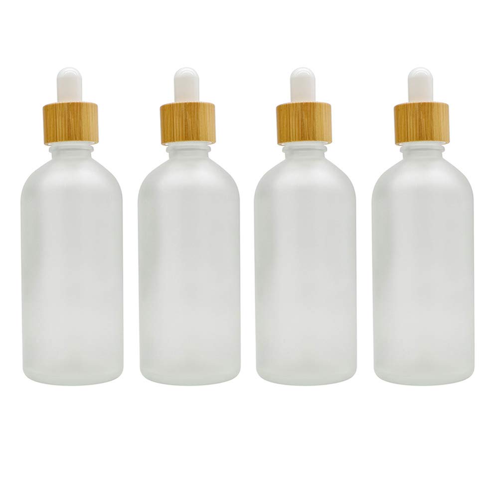 Wresty 4 Pack Frosted Glass Dropper Bottles,Essential Oil Bottles With Eye Dropper And Bamboo Lids Perfume Sample Vials Essence Liquid Cosmetic Containers (100ml/3.4oz)