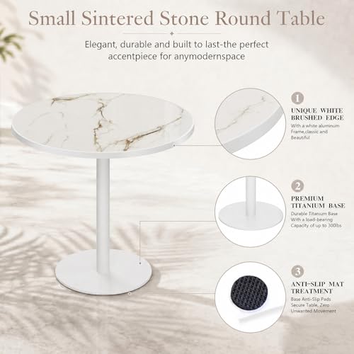 Image of 63 inch Tulip Table, Small Round Dining Table with 1.2 inch Thick Sintered Stone Tabletop and Golden Metal Pedestal Base, Bistro Table for Diner, Bar, Restaurant, kitchen, Bakery, Apartment (Marble Platinum)