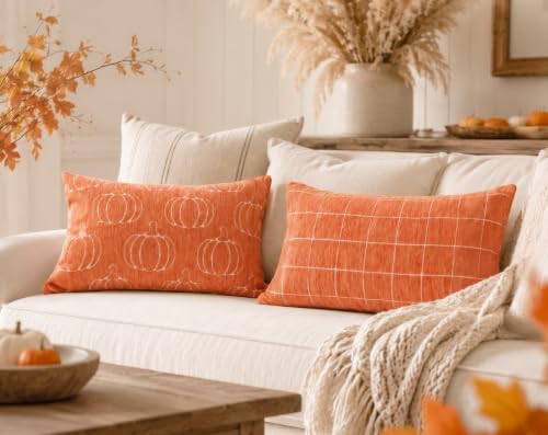 Image of Fall Pumpkin Lumbar Pillow Covers, Autumn Decor (Orange,12x20) | Jacquard chenille texture, double-sided reversible design, hidden zipper, for couch, sofa, bed, farmhouse autumn decor