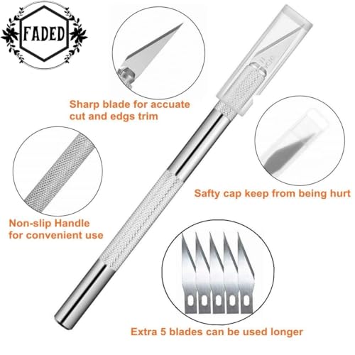Image of Faded Precision Detail Craft Cutter Set with 25 Replacement Blades - Sharp Hobby Knife for Fine Cutting - Ideal for Art, DIY, Scrapbooking, Model Making, and Paper Craft Projects