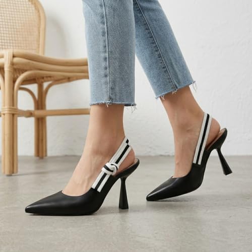 Image of HOCHFART Women's Slingback Kitten Heels Closed Pointed Toe Slip On Pumps | Bowknot, Elastic Slingback Strap, Office, Wedding, Bridal, Formal, Events, Church, Gathering, Casual Outing