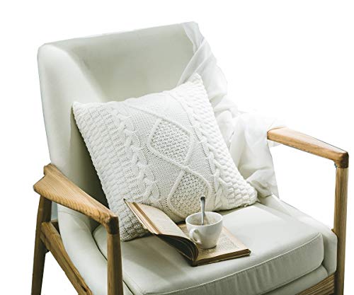 Dokot Cable Knit Throw Pillow Cover, Decorative Square Warm Cushion Case With Diamond Check Pattern For Home Office Car Sofa, 18 X 18 Inch, Cream #TOP23