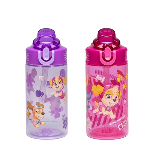Image of Zak Designs PAW Patrol Sage Kids Water Bottle For School or Travel, 16oz Durable Plastic Water Bottle With Straw, Handle, and Leak-Proof, Pop-Up Spout Cover, 2-Pack Set (Skye & Friends)