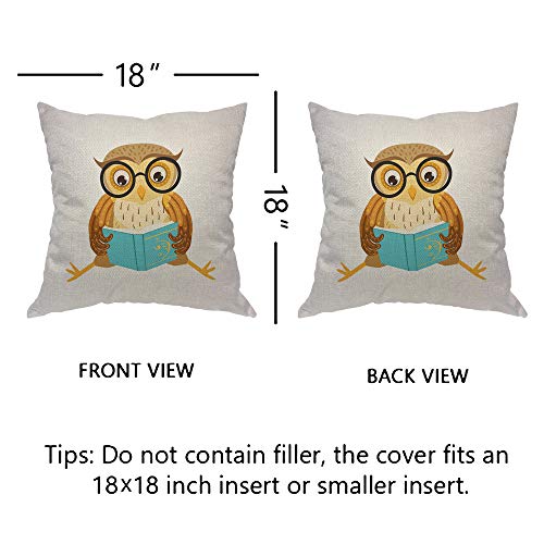 Ekobla Brown Owl Throw Pillow Cover Reading The Book Forest Funny Bird With Glasses Cozy Square Cushion Case For Men Women Boys Girls Room Home Decor Cotton Linen 18X18 Inch #TOP4