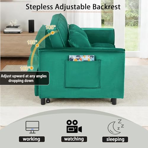 Image of 3 in 1 Folding Convertible Sofa Bed, 55'' Pull Out Couch Bed with Side Pocket, Velvet Fabric Loveseat Sleeper Sofa with Adjustable Backrest, Easy Assembly,Perfect for Living Room, Green