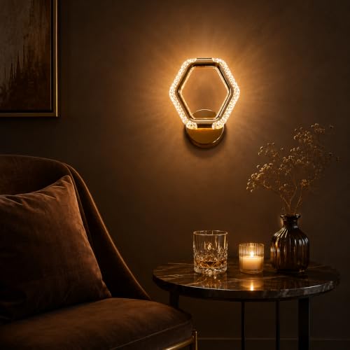 Image of fizzytech Crystal LED Wall Light, Modern Gold Finish Decorative Wall Lamp with 3 Colour Changing Modes for Living Room, Bedroom, Hallway & Home Decor (Hexagon, Pack of 1)