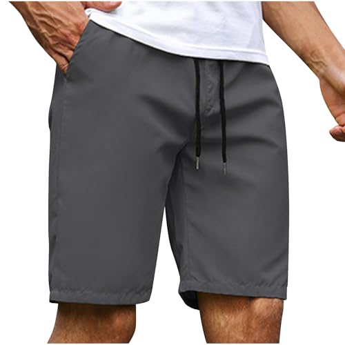 Sinzelimin Men's Cargo Shorts Fashion Solid Color Lace up Elastic Waist Beach Board Short Pants Crop Sweatpant with Pocket