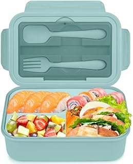 Cooja Bento Lunch Box Adults Kids with 3 Compartments, 1400ML Lunchbox Lunch Containers for Work Leak-Proof Sandwich Box Microwave Safe Built in Cutlery Set Spoon & Fork, Sky Blue