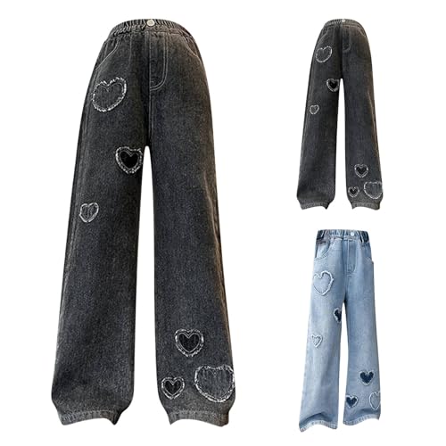 KAGAYD Kids Girls Denim Cargo Pants Heart Pattern Casual Baggy Wide Leg Jeans High Waist Floor Length Jeans with