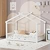 Lls twin house bed with fence wooden montessori bed with slats support floor bed frame for boys girls bedroom white  urban country home decor