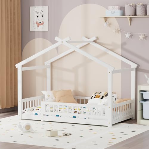 LLS-Twin-House-Bed-with-Fence-Wooden-Montessori-Bed-with-Slats-Support-Floor-Bed-Frame-for-Boys-Girls-Bedroom-White LLS Twin House Bed with Fence Wooden Montessori Bed with Slats Support Floor Bed Frame for Boys Girls Bedroom White
