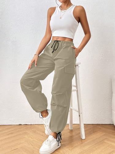 Image of Aahwan Women's & Girl's Solid Drawstring Waist Flap Pocket Side Parachute Regular Fit low Rise Cargo Pant