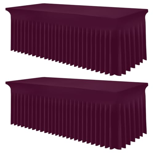 Image of Smiry 2 Pack Spandex Elastic Fitted Table Cloth Skirt for 8FT Table | Stretch Washable Table Cloth, Banquet Table Cover for Wedding, Party, Indoor & Trade Shows, (Jujube Red, 96Lx30Wx30H)