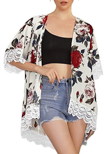 Womens Floral Kimono Cardigans Sheer Print Chiffon Loose Cover ups Tops（ Beige,XL