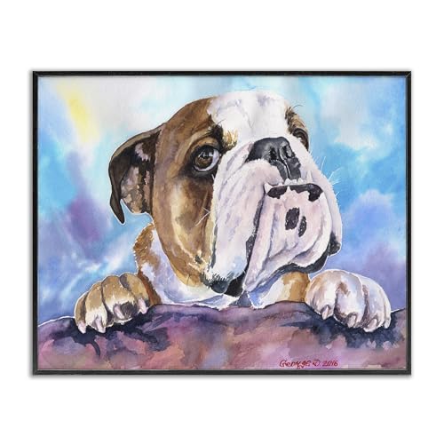 Stupell Industries English Bulldog Dog Pet Animal Watercolor Painting Black Framed Wall Art, 16 x 20, Design by Artist George Dyachenko