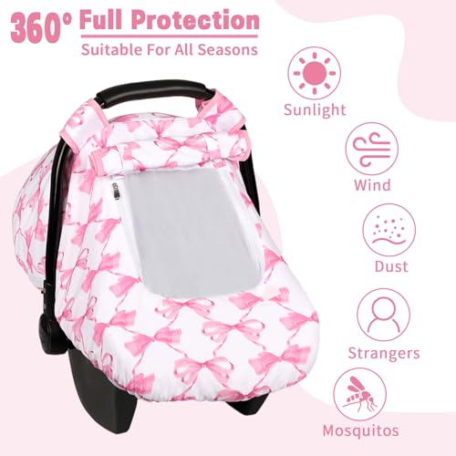 Image of Car Seat Cover Baby, HNHUAMING Infant Car Seat Covers Canopy for Baby Girl Boy, Cozy & Windproof Newborn Carseat Covers Minky Dot Backing Stroller Cover with Breathable Mesh Window, Pink Bow