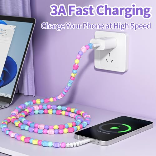 Image of VOFUOE USB C Cable for iPhone 17 Charging Cable Star Beads Charging Cord Extra Long 6.6FT Fast Charging USB A to Type C for Girls Women for iPhone 16 /15, for Galaxy S25, for iPad A16-Colorful