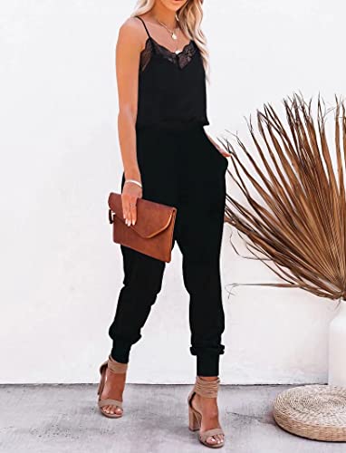 Lacozy Plus Size Rompers For Women Deep V-Neck Ruffle Tank Jumpsuits Racerback Solid Jumpsuit With Pockets Black M #TOP2