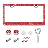 povtii Car License Plate Frame, Sparkling Stainless Steel Auto License Plate Frame with Rhinestones, Bling Diamond License Plate Holder, Universal Exterior Car Accessories (Red)