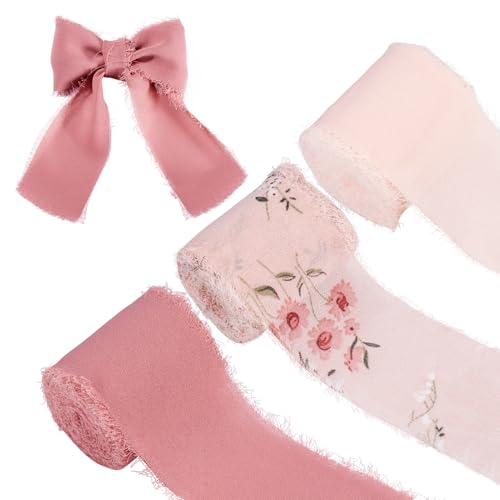 Ruban mousseline de soie rose imprimé à franges artisanales pour créations de luxe