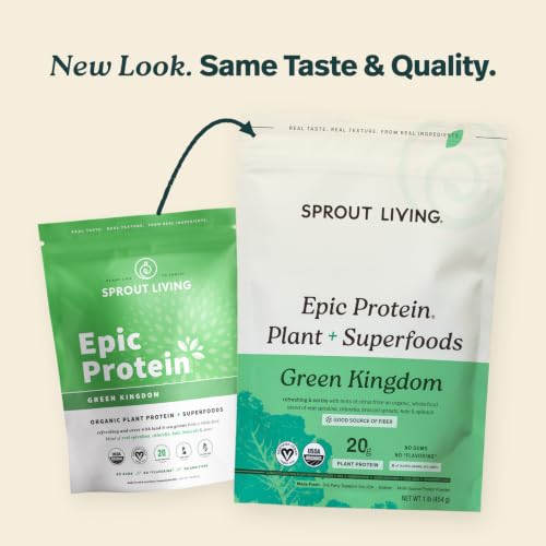 Image of Sprout Living Epic Protein, Plant Based Protein & Superfoods Powder, Green Kingdom | 20 Grams Organic Protein Powder, Greens, Vegan, Non Dairy, Non-GMO, Gluten Free, Low Sugar (1 Pound, 12 Servings)