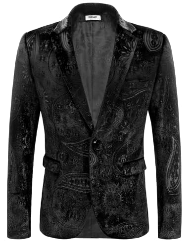 COOFANDY Men Velvet Tuxedo Jacket Paisley Prom Blazer Black Velvet Blazers (Black Paisley M)