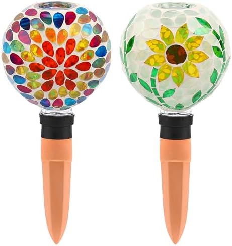 VOREEN Mosaic Plant Watering Globes with Terracotta Watering Spikes, 17oz Glass Self Watering Globes for Indoor & Outdoor Potted Plants, Decorative Water Drippers, Set of 2