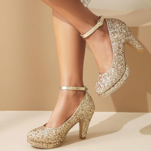 Caradise Sparkly Platform Heels Closed Toe Round Toe Chunky Heel Ankle Strap Pumps Wedding Dress Shoes4