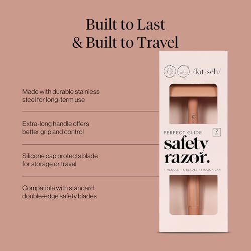 Kitsch Double Edge Safety Razors for Men and Women, Long Metal Handle and Stainless Steel Single Blade Razor, One Blade Razor with 5 Double Edge Refills, Safety Razor for Shaving - Terracotta