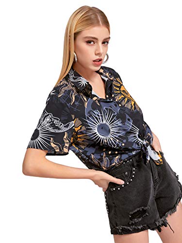 Sweatyrocks Women's Short Sleeve Cute Print Button Down Shirt Tops Graphic Black M #TOP3
