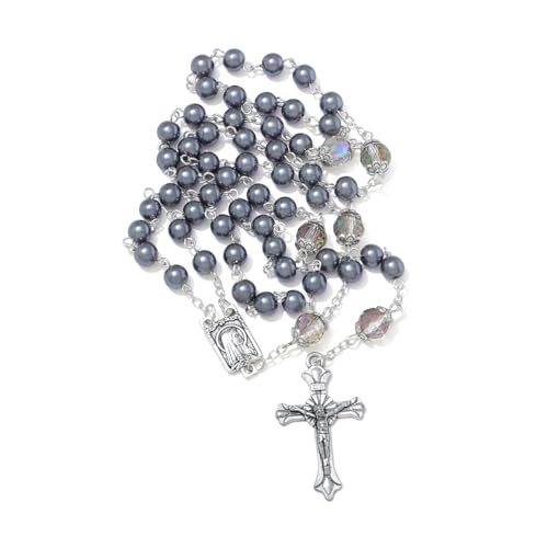KMIMO Collier de perles de perle de verre 6 mm, chapelet catholique pour femmes, chapelet de communion avec sac en velours