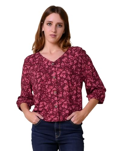 Image of Enorsia Floral Print Button Front Blouse for Women with 3/4 Flared Sleeves and V-Neckline, Classy Elasticated Cuff and Sophisticated Look - Red, 14