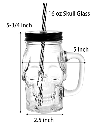 Topzea 6 Pack Glass Mason Drinking Jars With Handle, 16 Oz Skull Beer Mugs Wide Mouth Tumbler Cup With Straws, Pub Bar Drinking Mugs For Beverage, Liquor, Cold Drinks #TOP2