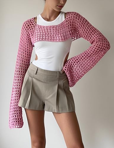Image of hathne Women's Crochet Crop Top Shrug Y2K Hollow Out Mesh Knit Long Sleeve Sweater, Sexy Beach Bikini Cover Up