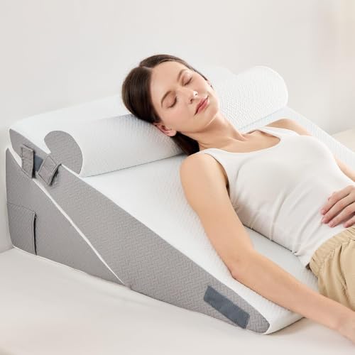 Image of Sasttie Extra Wide Wedge Pillow Set for After Surgery, Dark Grey & White | Bed Wedge Pillow Headboard with Memory Foam Neck Cushion, for Acid Reflux, Sleeping, Neck & Back Support