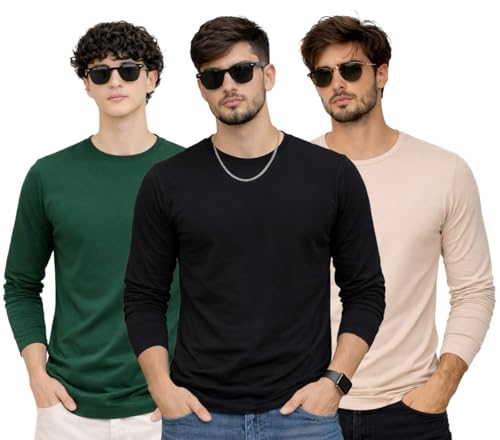 Image of Men's Regular Fit Plain Full Sleeve T- Shirt, Spun Cotton Fabric, Soft and Comfortable Casual Everyday Wear (Pack of 3) (Size Range S to 2XL)