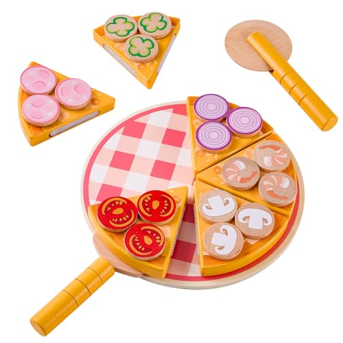 La Mejor Selección de Juegos de madera favoritos de las personas. 42 AUTOWT Juguete de Pizza de Madera para Niños, 27 Piezas Juguetes Cocina Juego Simulación Pizza, Juego Comida Corte Madera para Fiestas Cocina Cumpleaños Niños y Niñas