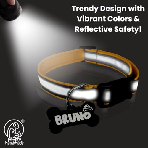 Image of PAWPRO HANDMADE Reflective Yellow Nylon Dog Collar with Custom Engraved Bone ID Tag- Adjustable for Medium Dogs (15-21 inch) - Durable, Safe & Comfortable (Yellow-Medium)
