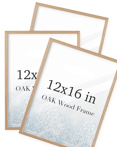 Image of UPWOIGH 12x16 Oak Wood Picture Frame - Minimalist 12x16 Poster Frame, 12"x16" Picture Frame Wood, Natural Solid Wooden Picture Frames for Wall Art Photo and Prints (Set of 3)
