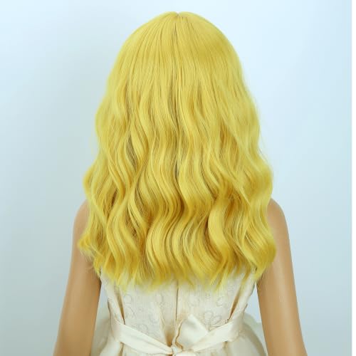 Image of Golden Blonde Wig Short Blonde Wavy Curly Wigs Wig with Air Bangs Synthetic Cosplay Hair Wigs