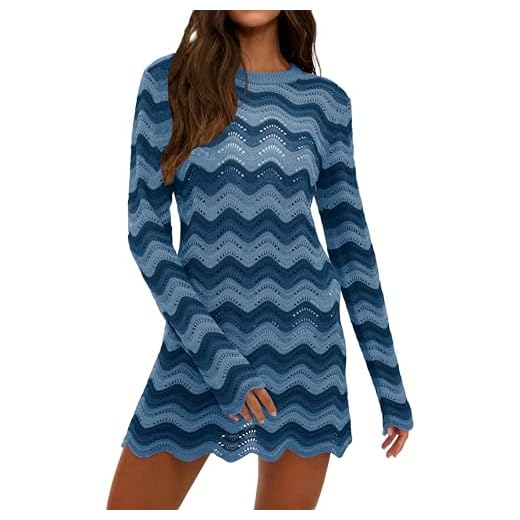 YUNLORIA Women's Crochet Colorful Mesh Summer Long Sleeve Cover Ups Casual Striped Beach Wear Knit Mini Dresses