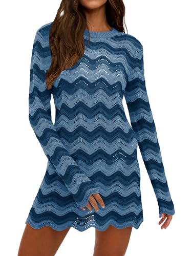 Women's Crochet Colorful Mesh Summer Long Sleeve Cover Ups Casual Striped Beach Wear Knit Mini Dresses