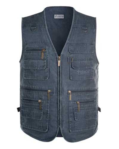 Daoba Gilet de safari pour homme avec de nombreuses poches pratiques, gilet de travail fonctionnel, gilet d'extérieur, gris/bleu, L
