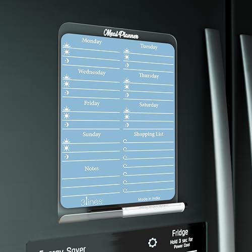 Image of 3 Lines ClearBite Acrylic Magnetic Meal Planner Board | Sleek & durable | Includes Marker & Duster | 24x16 CM | Perfect for Meal Planning, Shopping Lists, Notes | Ideal for Home, Office | Blueberry