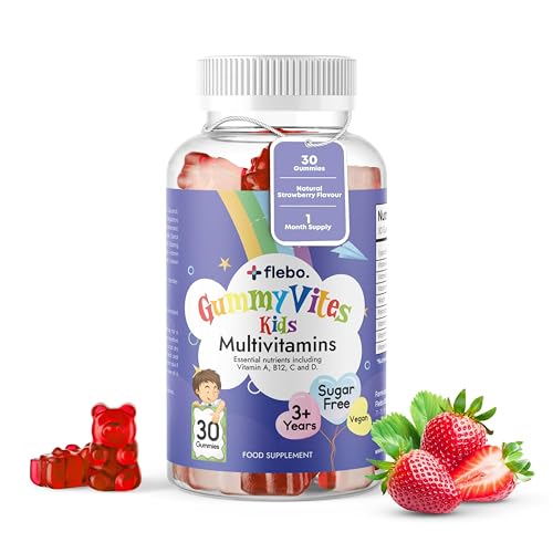 Flebo Gummy Vites Kids Multivitamins Gummies 3-12 – 30 Gummies, Vegan, Sugar-Free, Non-GMO, with Vitamins A, B12, C, D & E for Immunity, Bone Health & Energy Support - Strawberry Flavor 1 a Day