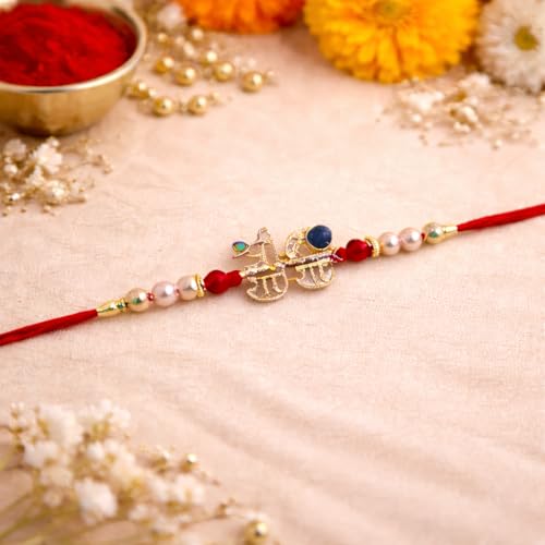 Image of JAIPUR ACE Designer Shree Radhe Rakhi with Pearl & Stone Beads- Premium Gold Finish Raksha Bandhan Thread for Brother,Rakhi with Elegant Red String and Festive Traditional Design (Radhe Radhe Rakhi)