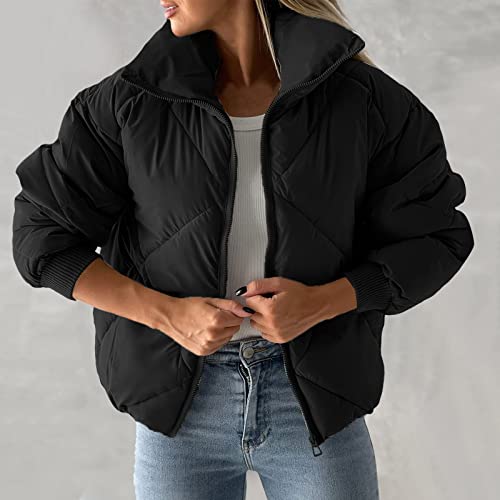Fannyouth Women's Winter Long Sleeve Zip Puffer Jacket Stand Collar Baggy Short Down Coats With Pockets #Pay221117- *279-Christmas Decorations #TOP4