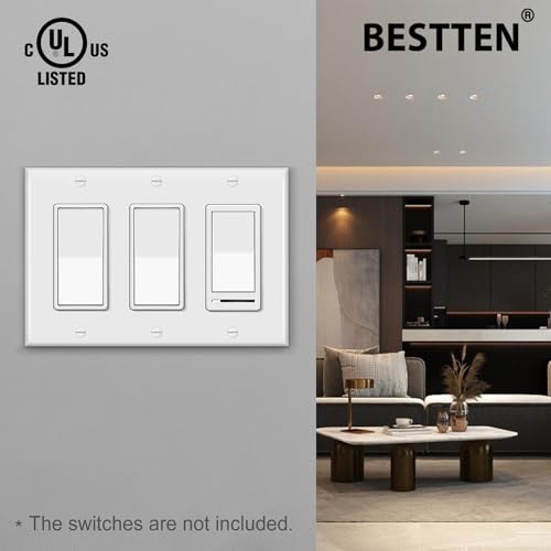 Image of 2 PK BESTTEN 3-Gang Decorator Wall Plate, GFCI Outlet & Dimmer Switch Cover | UL Listed, Standard Size, H4.53 inch x L6.38 inch, with 3 Decorator Openings, Unbreakable Polycarbonate, White
